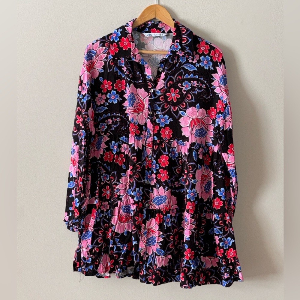 Zara colorful floral long sleeve babydoll button down mini dress, sz L - Picture 6 of 8